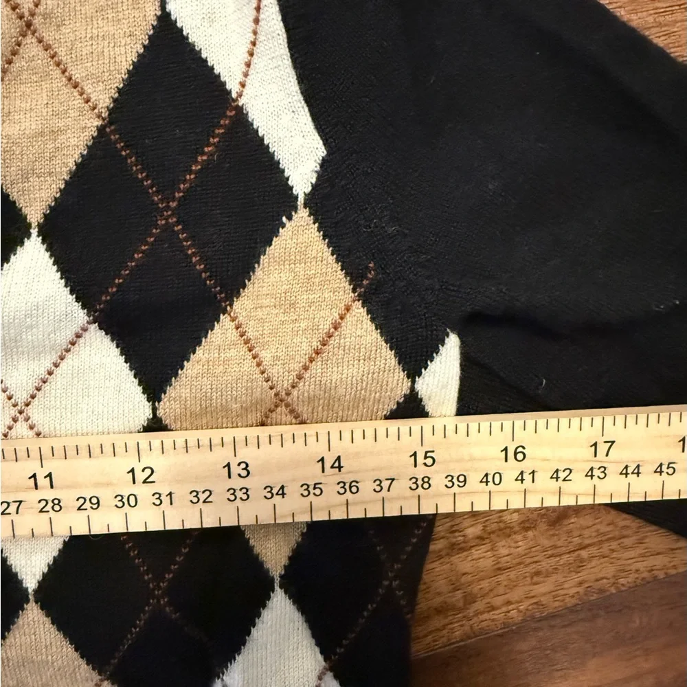 Talbots Black Argyle Tie-Front Merino Wool Cardigan 3/4 length Sleeve